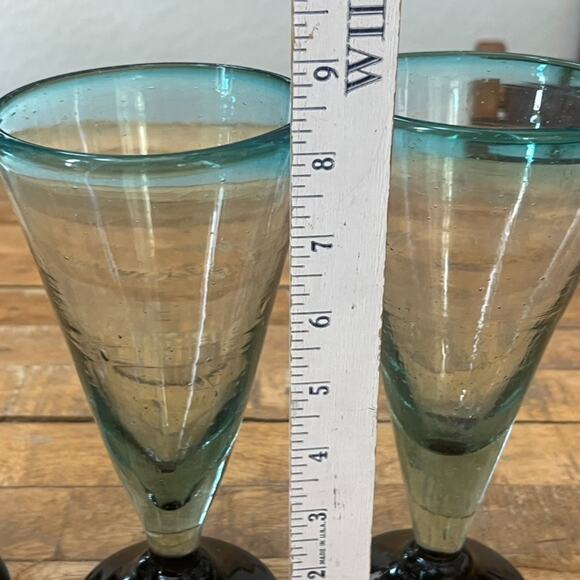 Blue & Green Goblet Wine Glasses Set of 3 Handblown Bubbles Mexico - Picture 5 of 15